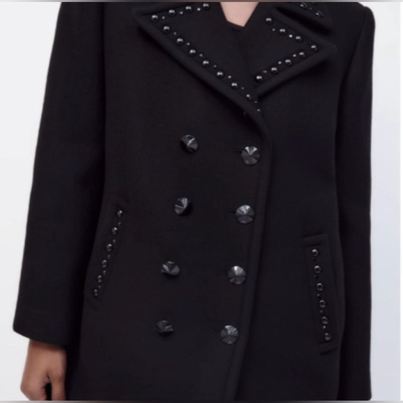 🌷SOLD 🌷ZARA Black Wool Blend Studded Double-Breasted Coat/Jacket | Medium | NWT - Picture 3 of 13